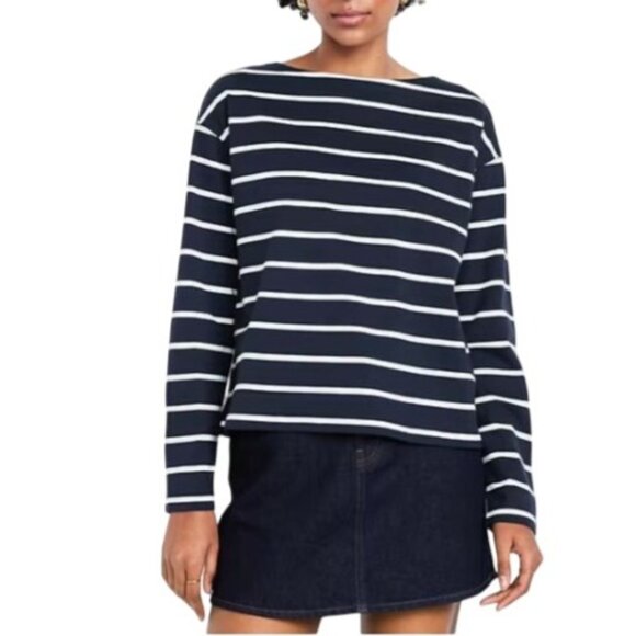 Old Navy Nautical Stripe Tee Womens Large Navy Blue Boat Neck Mariner Top NWT - Picture 2 of 7